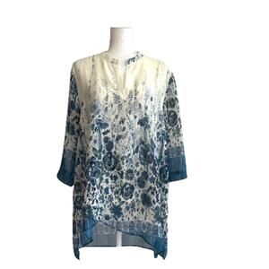 Soft Surroundings Blouse Top Ivory Blue Floral VNeck High Low Tunic Large Petite